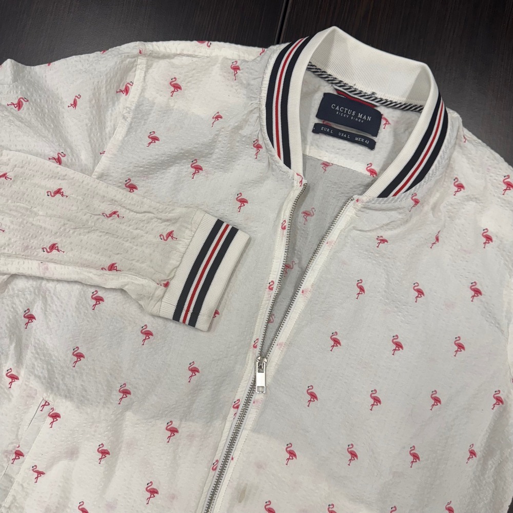 Cactus Man‎ Ricky Singh Flamingo Print White Bomber Jacket - Men's Large